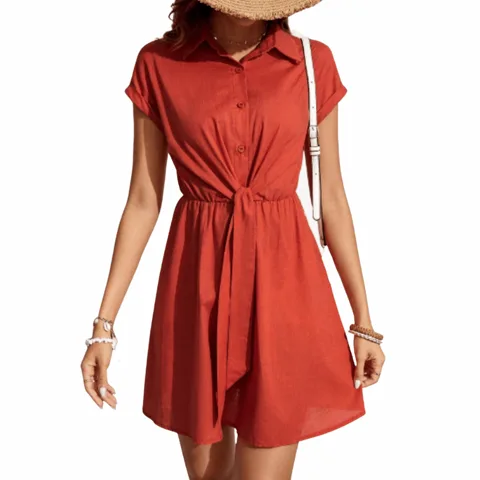 Vestido Camisero Unicolor Con Botón & Nudo Delantero