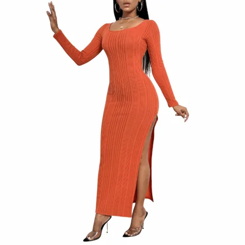 Vestido Unicolor de Muslo con Abertura de Cuello Scoop