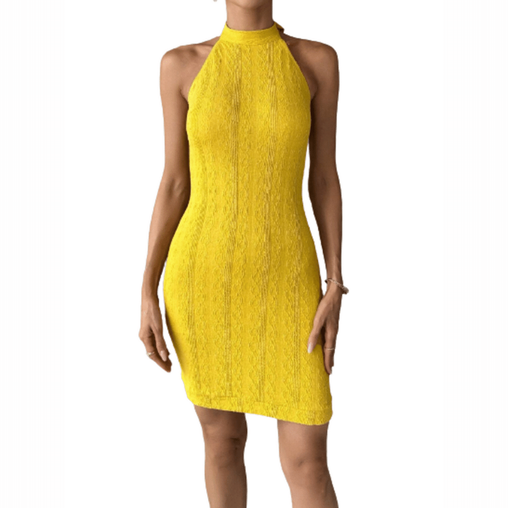 Vestido Pegado Unicolor de Cuello Halter Amarillo