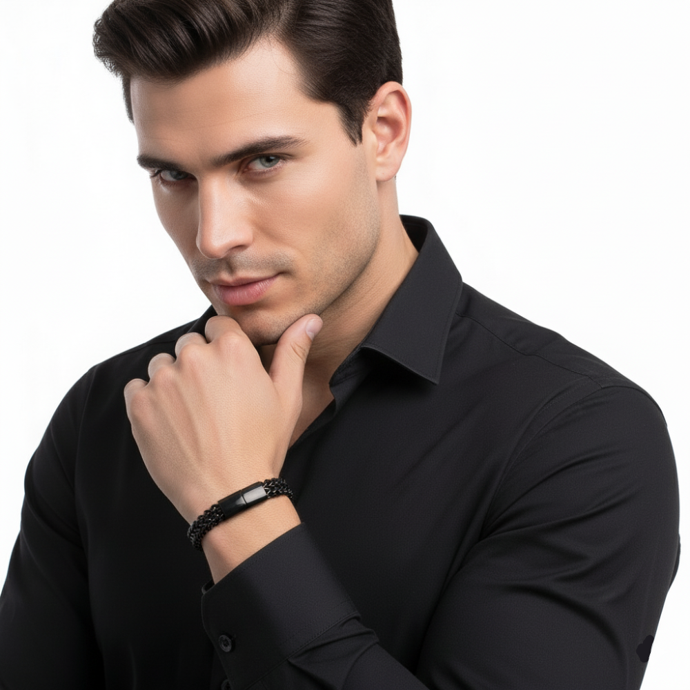 Brazalete Pulsera de Titanio Doble Capa Hombre 1602 Negro